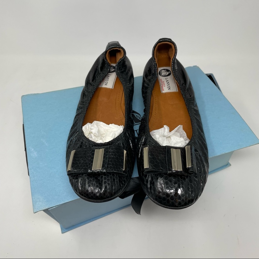 Lanvin Paris Black Leather Bow Ballet Flats Size 40